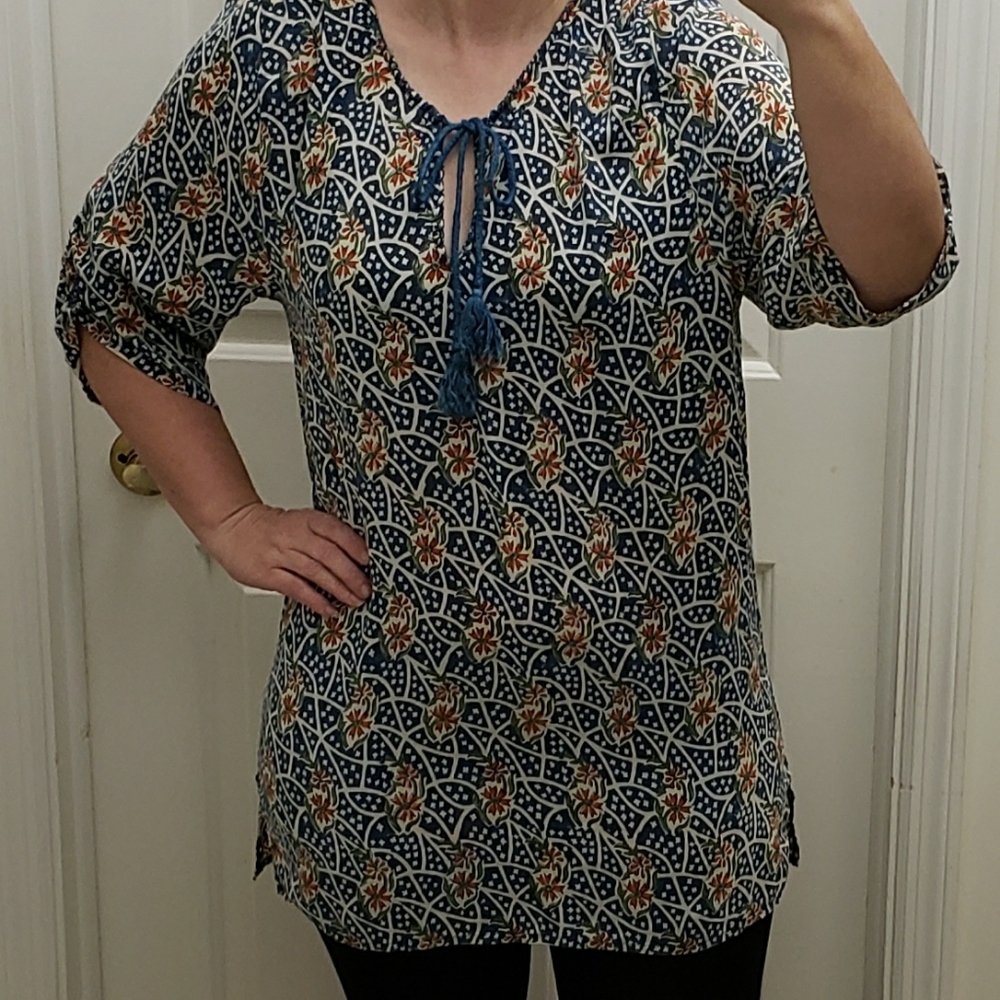 Tolani 100% Silk Top Tunic Shirt Woman's size L Blue Green